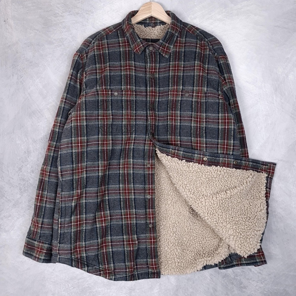 LL Bean Shirt Jacket Mens Large Gray Plaid Flannel Sherpa Lined Snap Front